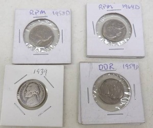 lot 65 image: 4 NICKELS, 3 W ERRRORS, 1958D RPM, 1959D DDR, 1964D RPM, 1939