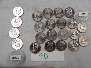 lot 90 image: 4) 2013D, 18) 2013P KENNEDY HALF DOLLARS NIFC COLLECTORS ONLY COINS