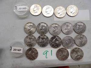 lot 91 image: 4) 2014D,13) 2014P KENNEDY HALF DOLLARS NIFC COLLECTORS ONLY COINS