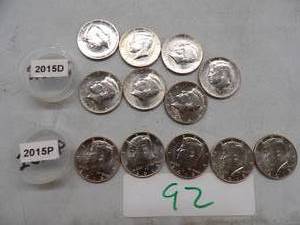 lot 92 image: 7) 2015D, 5) 2015P KENNEDY HALF DOLLARS NIFC COLLECTORS ONLY COINS