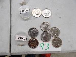 lot 93 image: 2) 2016P, 6) 2016D KENNEDY HALF DOLLARS NIFC COLLECTORS ONLY COINS