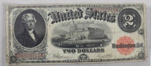 lot 149 image: 1917 $2 LARGE NOTE LEGAL TENDER UNITED STATES TWO DOLLAR JEFFERSON RED SEAL SERIAL # D34503712A