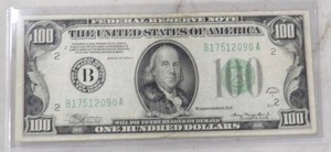 lot 151 image: 1934A $100 US FEDERAL RESERVE (B) NOTE BENJAMIN FRANKLIN SERIAL # B17512090A