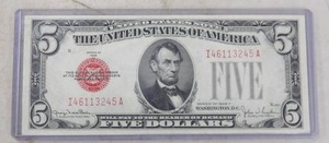 lot 154 image: 1928F $5 US NOTE RED SEAL LINCOLN SERIAL #I46113245A HIGH GRADE BU