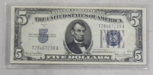 lot 155 image: 1934D $5 SILVER CERTIFICATE LINCOLN BU SERIAL #T28467239A