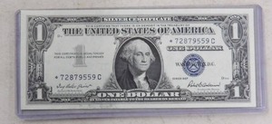 lot 156 image: 1957 BU  $1 SILVER CERTIFICATE STAR NOTE WASHINGTON SERIAL #72879559C SEQUIAL WITH LOT 157,158