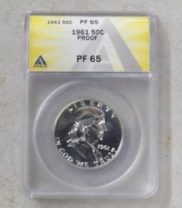 lot 160 image: 1961 US HALF DOLLAR PROOF PF65 BENJAMIN 90% SILVER