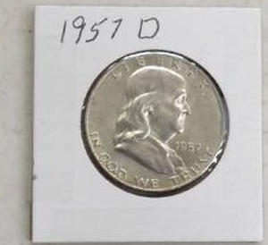 lot 195 image: 1957D BENJAMIN HALF DOLLAR 90% SILVER