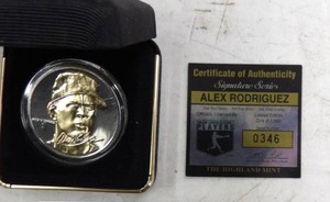 lot 215 image: ALEX RODRIGUEZ SIGNATURE SERIES MEDALLION 1 TROY OZ .999 SILVER W 24 KARAT GOLD OVERLAY 1 OF 1500 # 0346 HIGHLAND MINT