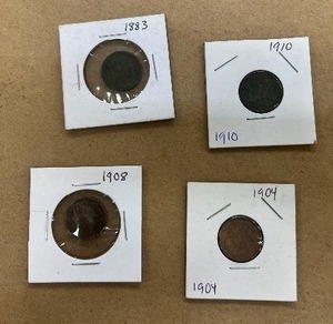 lot 49 image: 4- INDIAN HEAD PENNIES 1883, 1904, 1908, & 1910