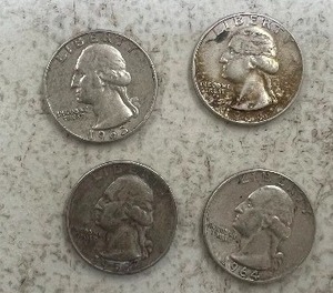 lot 53 image: 4- 90% SILVER QUARTERS, 1953D, 1963D, 1964D, 1964D
