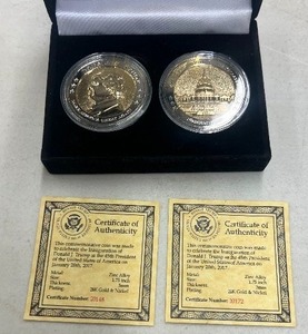 lot 55 image: 2 COMMEMORATIVE COINS OF DONALD J. TRUMP 24K GOLD & NICKEL