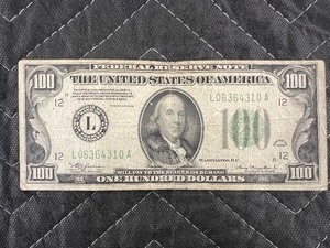 lot 147 image: 1934 $100 US FEDERAL RESERVE (L) NOTE BENJAMIN FRANKLIN NICE CONDITION