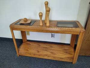 lot 13 image: WoodGlass Sofa Table wHandmade Wood Decor