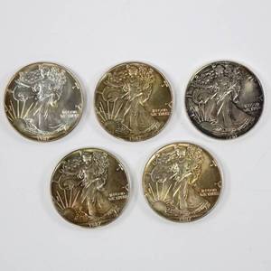 lot 59 image: 1987 American Silver Eagle - 1 Oz Silver Lot of 5
