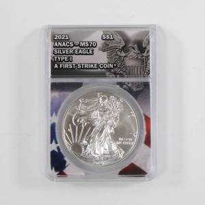 lot 56 image: 2021 American Silver Eagle 1st Strike - ANACS-MS70