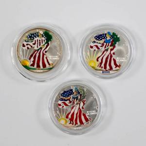 lot 55 image: Colorized American Silver Eagles - 1 Oz Silver Lot of 3