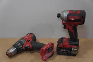 lot 120 image: Milwaukee Impact Driver and Hammer Drill with 1 Battery