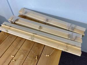 lot 22-A2025 image: (3) 45 Long 2 Wood Wide Slated Window Shades with Hanging brackets made by American