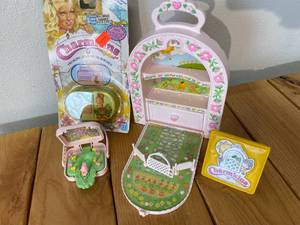 lot 28-A2025 image: Vintage 198788 Hasbro Charmkins Lot including 1 New in Package Playmate, Carrier with Baby Charmkin, Compact Mirror and Storage Box