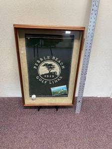 lot 32-A2025 image: Shadow Box Framed Pebble Beach Golf Towel, ball & Blank score card