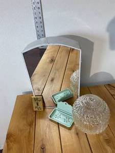 lot 37-A2025 image: Vtg 1930s Small Bathroom Mirror Vanity Cabinet, Large Lead Crystal Light Cover, Soft Teal Metal Soap Dish and Brass Single Light Switch Cover
