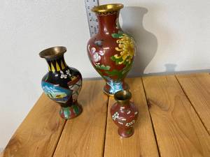 lot 38-A2025 image: (3) Antique Brass with Enamel Overlay Chinese Vases Arranging in Sizes Large to Small Oriental Art