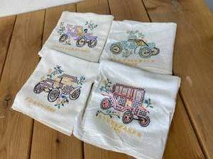 lot 46-A2025 image: Four Flower Sack Towels Hand Embroidered with Antique Cars Ford 1902, Studebaker 1910, Cadilac 1903 & Oldsmobile 1904