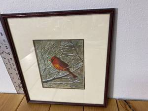 lot 56-A2025 image: Beautiful Painting by Norm Machart Male Red Cardinal on Snowy Branch in Professional Frame in Valley City, ND