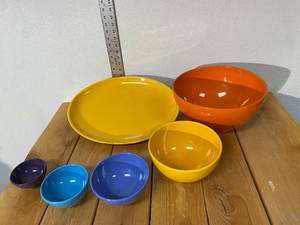 lot 58-A2025 image: All Stoneware 4 pc Waechtersbach of Germany Multicolor Nesting Bowls & Very Large Tangerine Serving Bowl & Large Secla of Portugal Goldenrod Platter