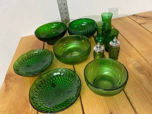 lot 61-A2025 image: Vintage 11 pieces of Green Glassware - Bowls, vases, glass, salt & pepper One is 4054 Hoosier Glass Candy Dish