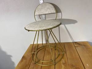 lot 62-A2025 image: Adorable Mid-Cent Modern Telephone Stool or Vanity Chair Metal Art Deco Frame in Antique Gold Color and Original Vinyl and Original Tag Under