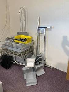 lot 63-A2025 image: Most Metal Lot Wire Shelving, Brackets, Retail Floor Items, There are large casters on the bottom cart