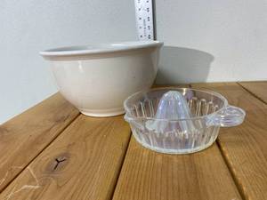 lot 65-A2025 image: Antique Large Red Clay Bowl Dipped with Off White Enamel & 1967 Iridescent Glass Juicer