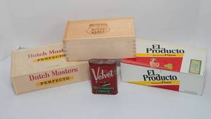 lot 14 image: Vintage Container Lot  Cigar Boxes, Wooden Box & Tobacco Tin