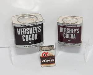 lot 11 image: Vintage Tin Lot  2 Hersheys Tins & 1 Red Owl Whole Cloves Tin