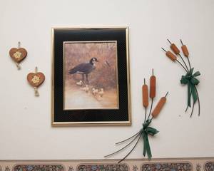 lot 18 image: Goose & Ducklings Print with Elegant Frame & Wooden Wall Hangings