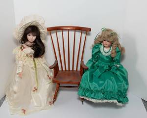 lot 60 image: Lot of 2 Porcelain Dolls, Doll Chair & Doll Rocking Chair