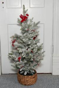 lot 54 image: Small Flocked Christmas Tree with Cardinal Ornaments  36 T
