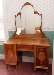 Antique Art Deco Wooden Vanity and Mirror with Burlwood Accents - 1930s