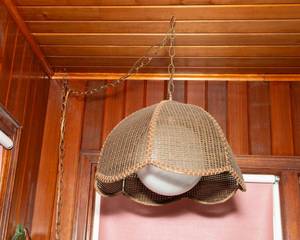 lot 71 image: 1970s Rattan Swag Tulip Pendant Lamp  Wicker Cane Hanging Lamp
