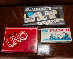 lot 68 image: Lot of 3 Board Games  Rummikub, Deluxe Uno & Flinch