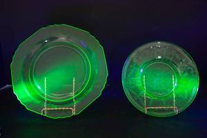 lot 7 image: Two Uranium Glass Plates  Glows Under UV Light