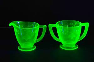 Uranium Glass Creamer and Sugar Bowl Set - Glows Under UV!