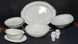 lot 91 image: Wedding Bells by Deville Fine China  Platinum Trim & Thin Line Serving Ware Set