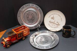 lot 98 image: The Lutheran Home - Belle Plaine, MN Vintage Truck and Plates & Trinity Evangelical Church Belle Plaine, MN Plate and Mug