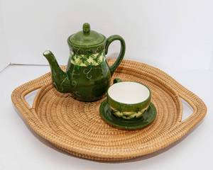 lot 126 image: Green Dayspring Tea Pot with Matching Cup & Saucer on Woven Tray