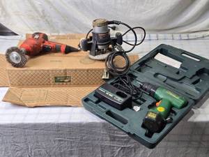 lot 19 image: Electric Power Tool Set with Drill, Router, and Grinder