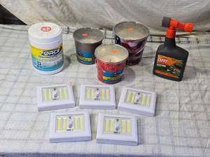 lot 31 image: Mixed Lot with Mosquito Repellent, Tiki Wax Candles, Force Disinfecting Wipes, and LED Lights