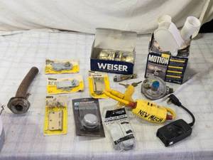 lot 41 image: Hardware and Outdoor Gear Lot with Door Handles, Safety Hooks, and Pet Gear (See Last Pics for Pet Gear)